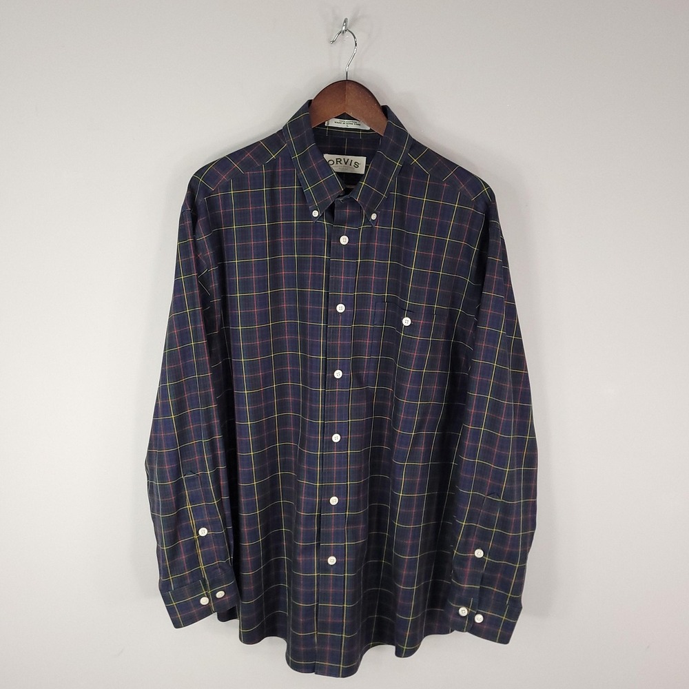 Vintage Orvis Shirt Mens Large Blue Scotch Plaid Long Sleeve Plaid Button Down